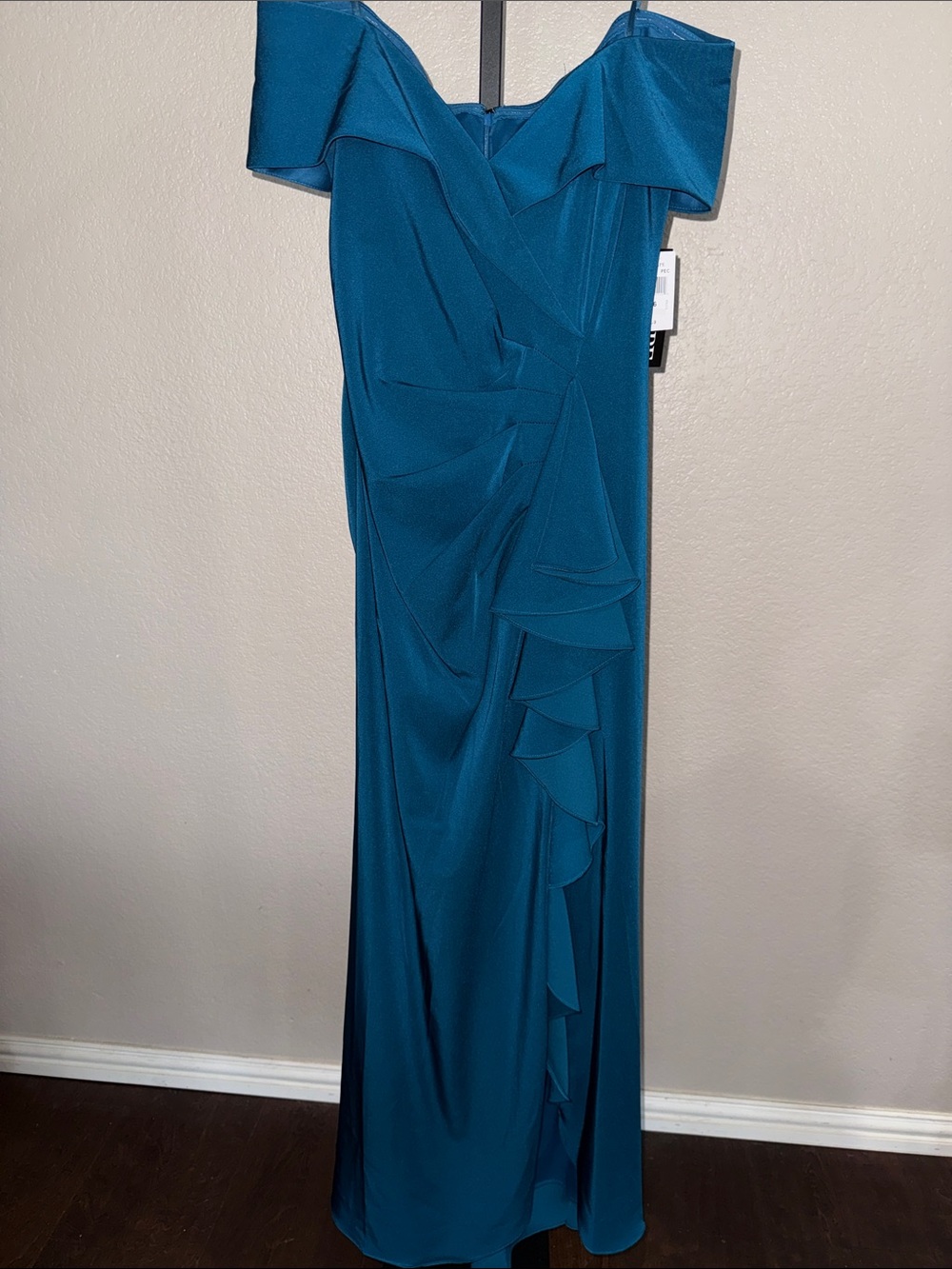 XSCAPE Off-Shoulder Teal Evening Gown with Ruffle Detail - NWT - MSRP $259
